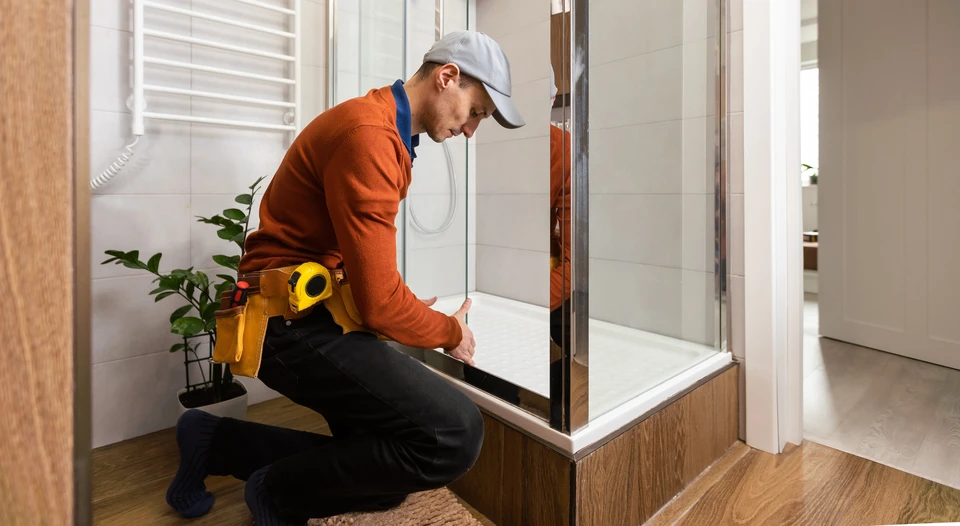 Artisan plombier en salopette installant ou réparant une cabine de douche moderne dans une salle de bain contemporaine