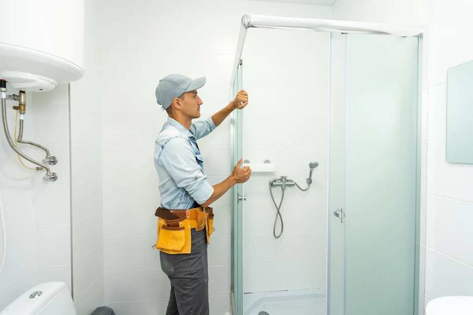 Plombier professionnel en uniforme bleu et casquette installant une paroi de douche vitrée dans une salle de bain moderne blanche