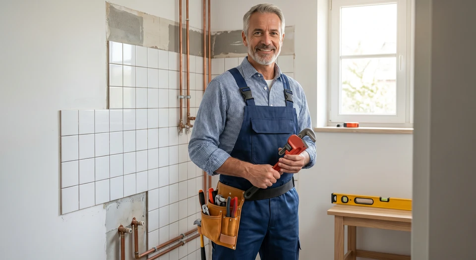 Portrait professionnel en pied d'un artisan menuisier-plombier chauffagiste d'âge mature, dans un environnement de chantier résidentiel, portant des vêtements professionnels (combinaison ou tenue de travail de couleur neutre), montrant clairement son expertise et son engagement personnel. L'artisan doit regarder l'appareil photo avec assurance et confiance. Le fond peut montrer partiellement une salle de bain en rénovation ou des équipements de chauffage/climatisation, mais le focus principal doit rester sur la présence professionnelle et accessible de la personne.
