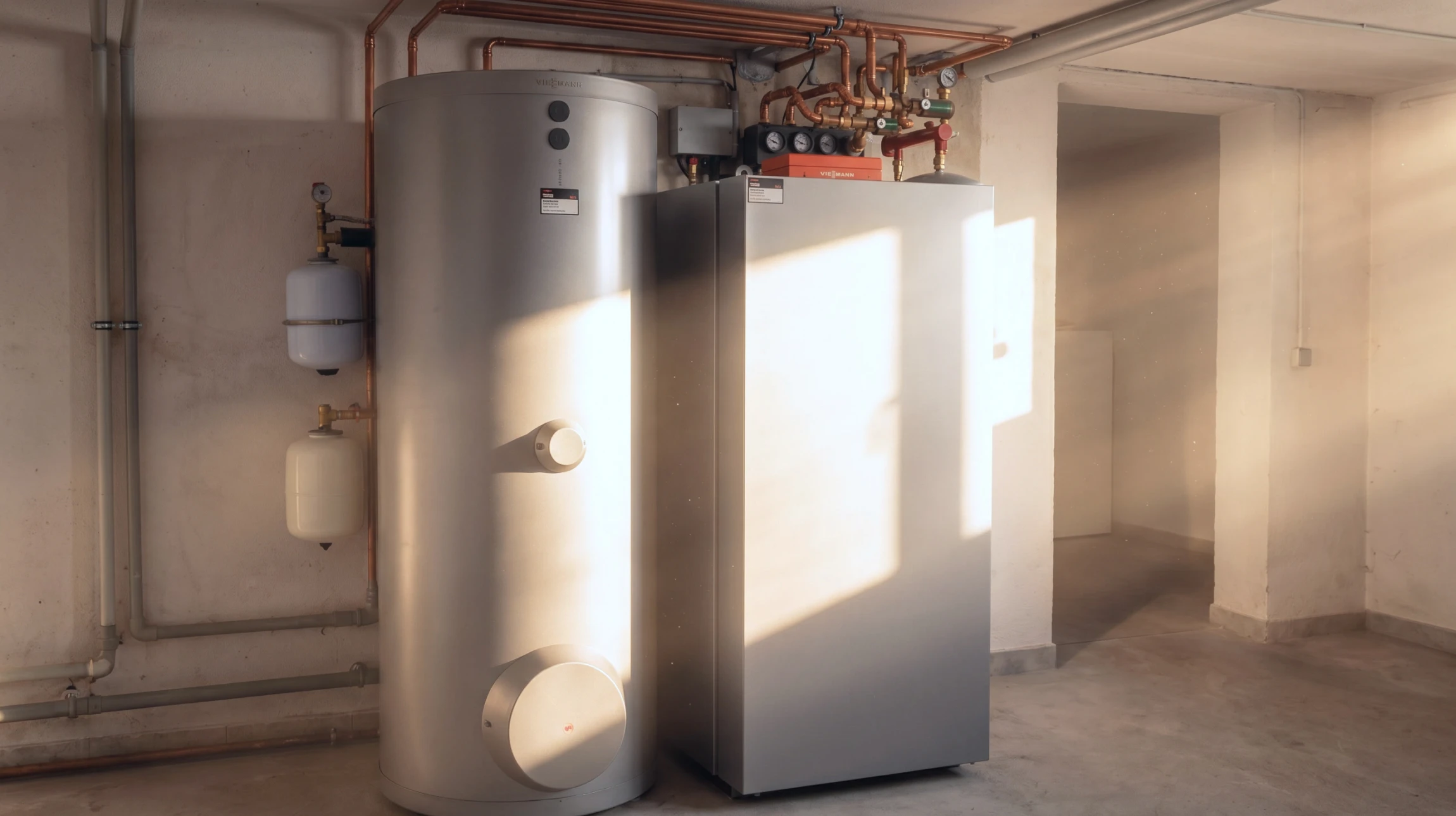 Intérieur moderne avec installation de chauffage domestique comprenant chaudière biomasse rouge avec écran numérique, réservoir de stockage cylindrique blanc isolé, système d'alimentation automatique par vis sans fin, conduits d'évacuation fumées