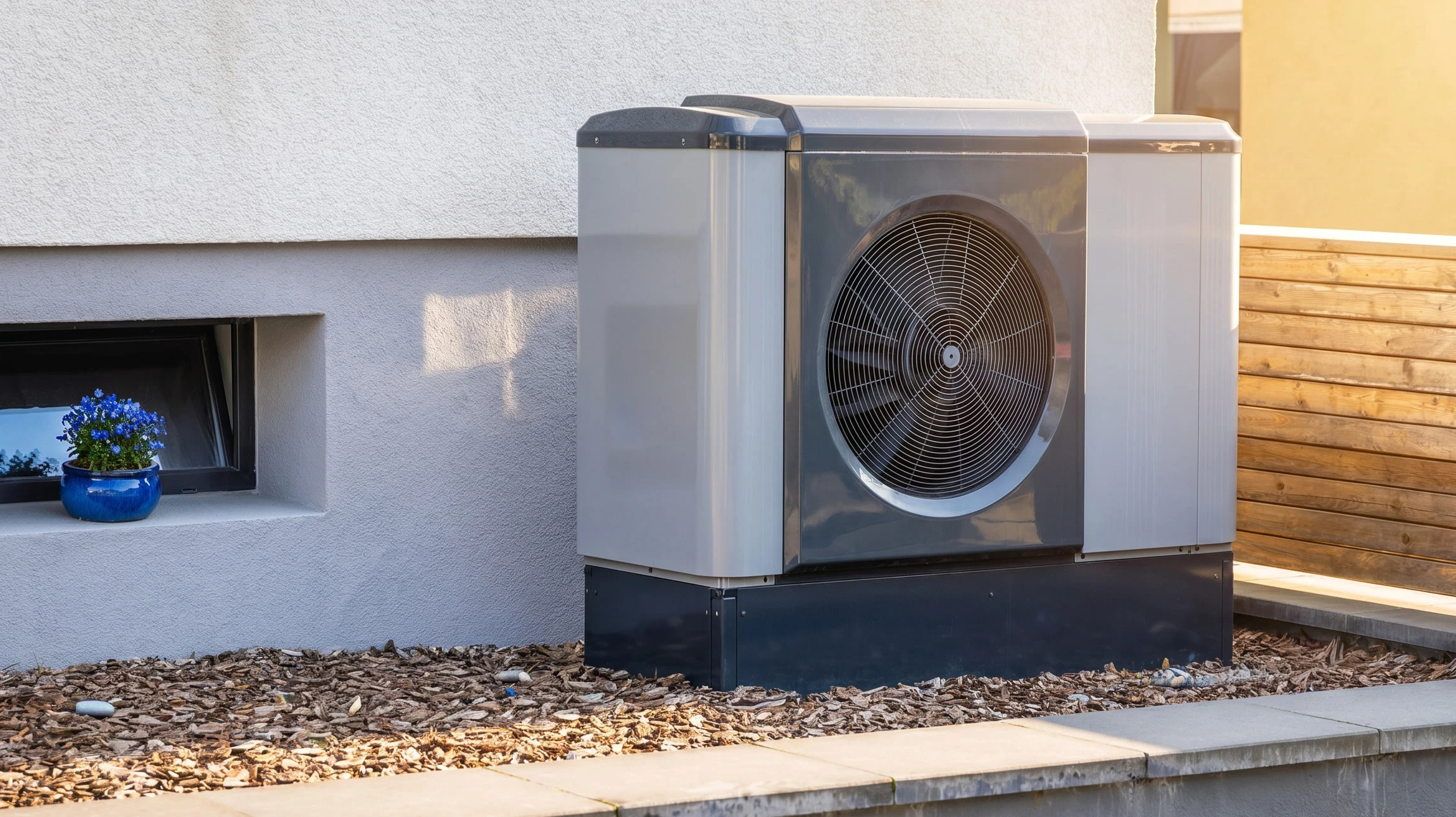 Scène extérieure hivernale avec unités de pompe à chaleur air-air installées sur supports métalliques dans jardin enneigé